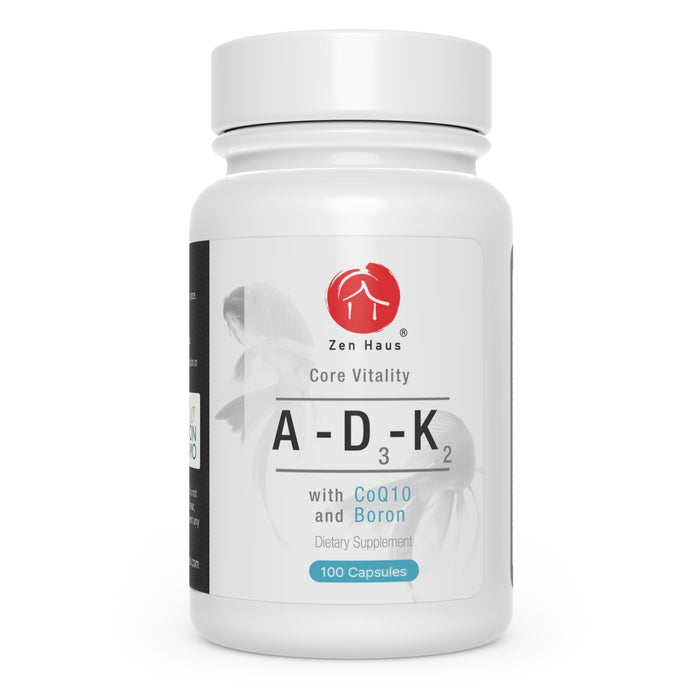 Zen Haus ADK - Vision, Strong Bones and Teeth, and Immune Support - D3 5000iu Complex with Antioxidants (non-GMO, Soy-Free). Now with CoQ10, Boron and Manganese.