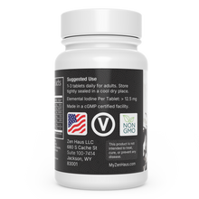 Back of the iodine bottle showing suggested use, storage directions, a US flag, vegan symbol, and Non-GMO badge.