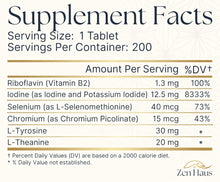 Supplement Facts panel listing iodine, riboflavin, selenium, chromium, L-tyrosine, and L-theanine per tablet.
