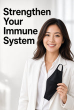 Woman wearing a white face mask beside promotional text reading “Strengthen Your Immune System.”