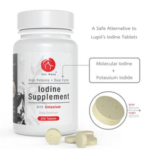 Iodine supplement bottle with cream-colored tablets and a close-up labeled 8 mm wide and 4 mm tall.