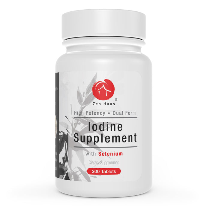 White Zen Haus Iodine Supplement bottle with selenium, labeled 200 tablets.