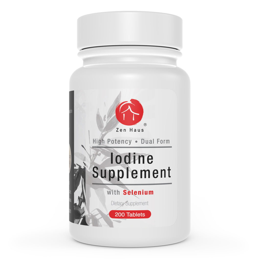 White Zen Haus Iodine Supplement bottle with selenium, labeled 200 tablets.